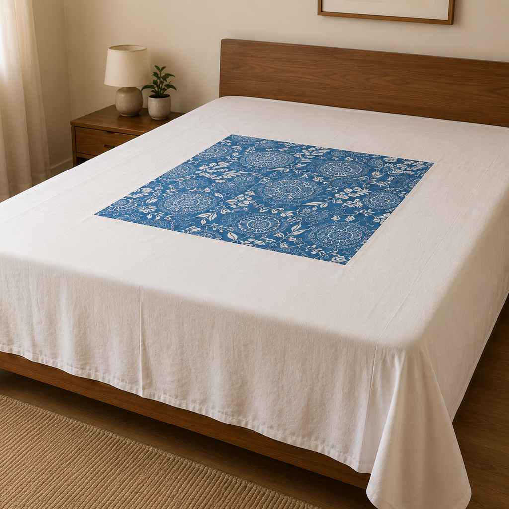 Natural Dyed Screen Printed Bedsheet - Woad Blue