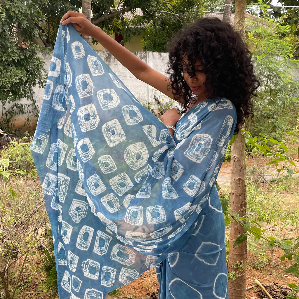 Natrually Dyed Saree | Tie and Dye | Georgette | Woad Blue | Series II